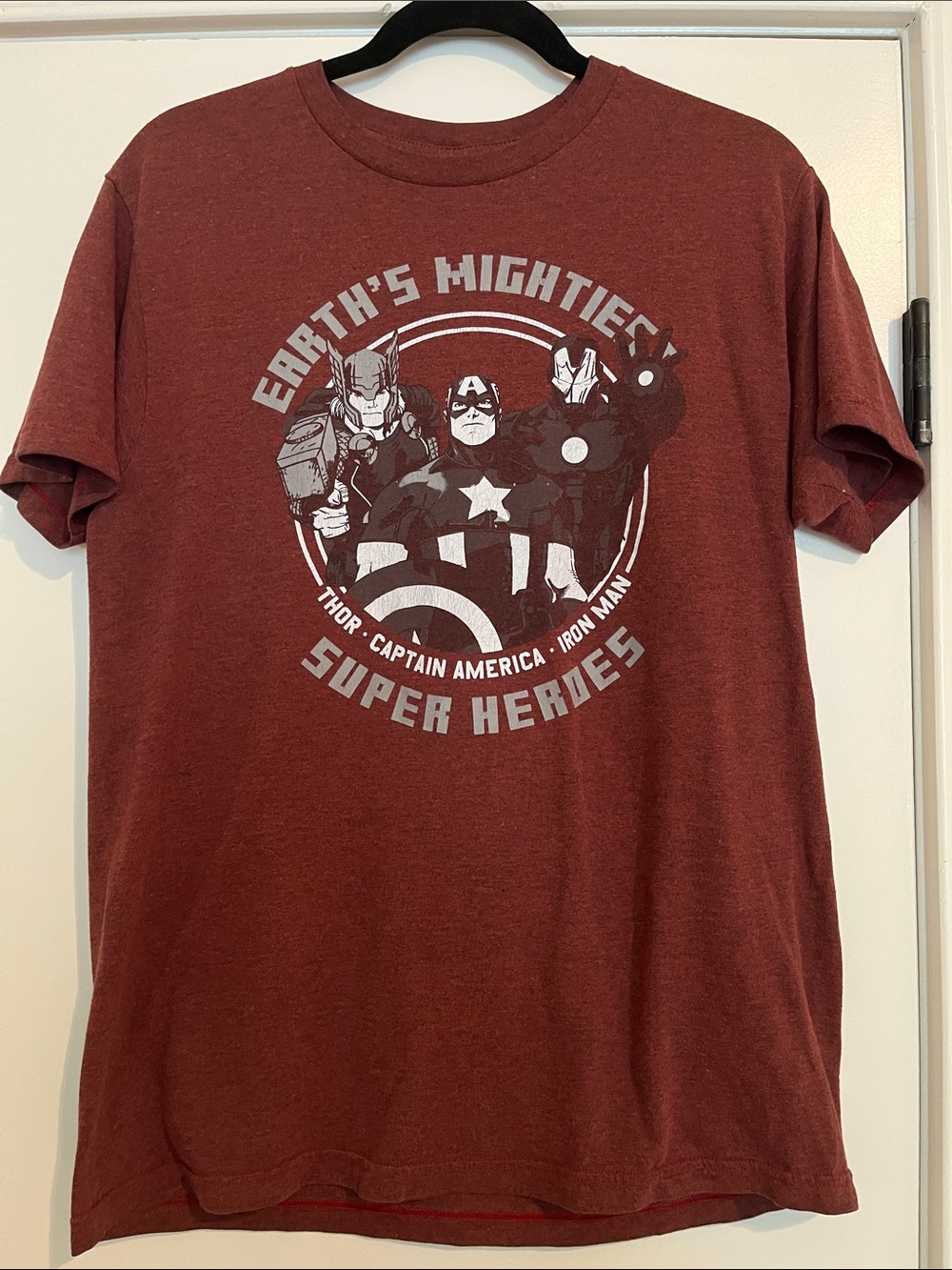 Marvel Men's‎ Crewneck Tee in Maroon with Super Heroes Graphic